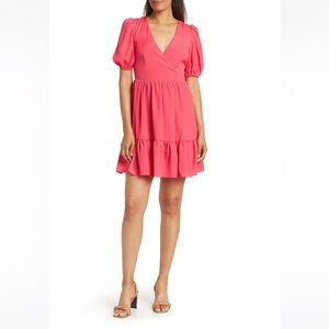NWT Eliza J Hot Pink Surplice Neck Puff Sleeve Fit & Flare Dress Size 10